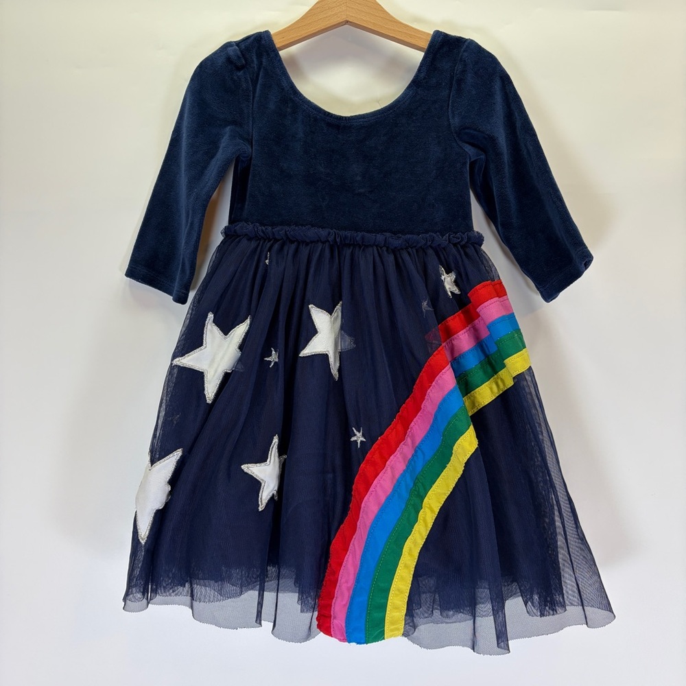 Mini Boden 4-5Y Velvet Velour Rainbow Star Tutu 3/4 Sleeve‎ Dress Navy 4 5